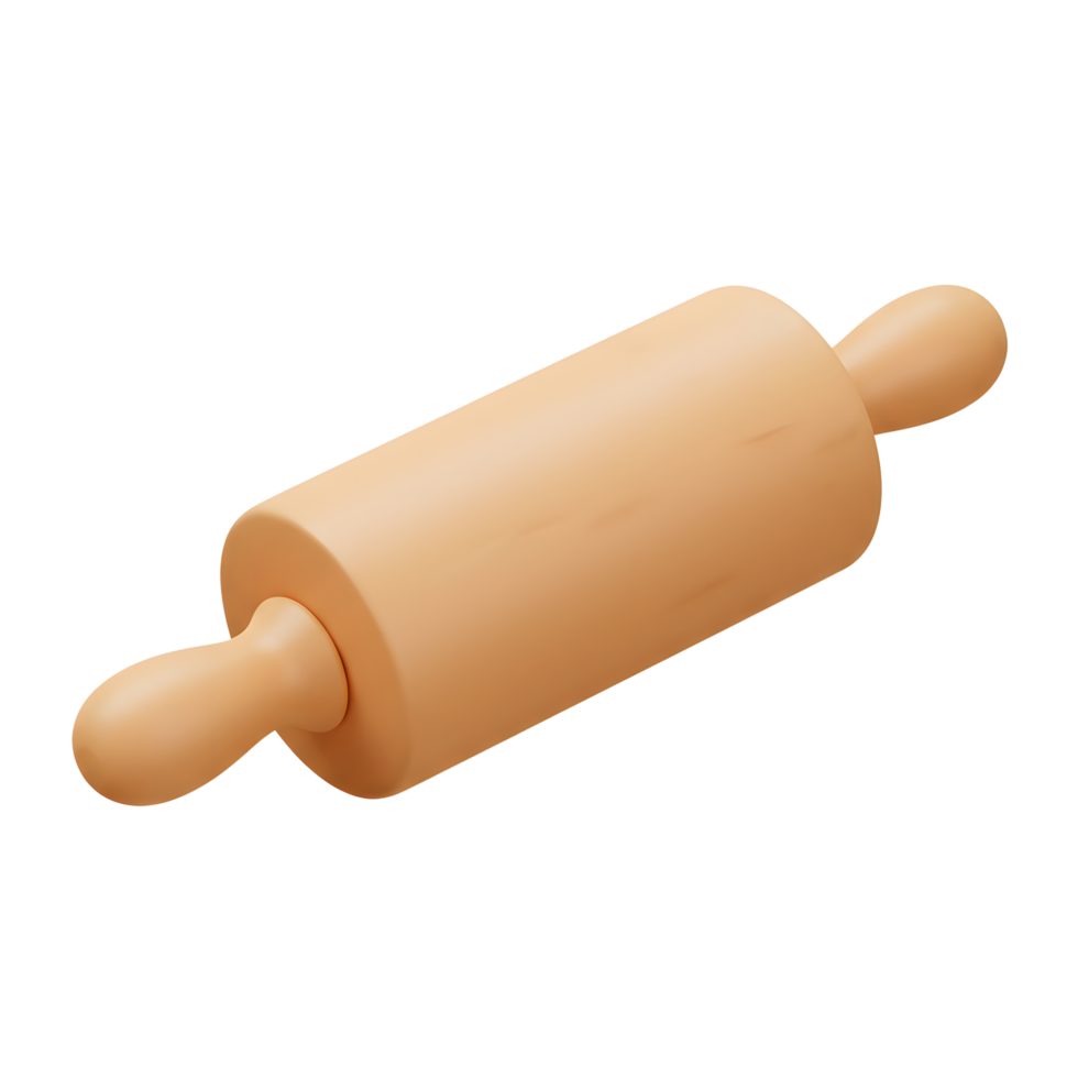 A light brown rolling pin lies diagonally on a white background which can be used for baking. png