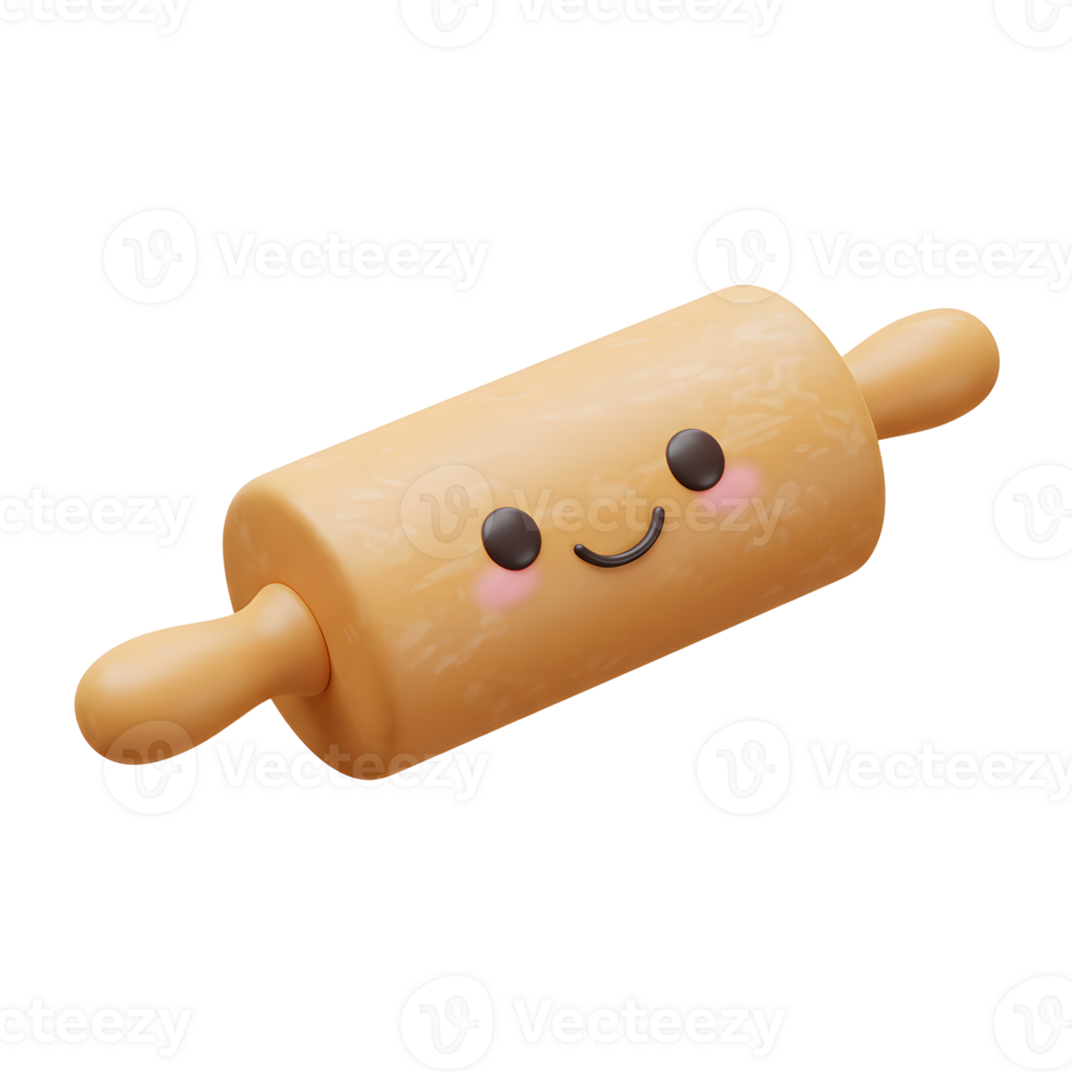 A light brown rolling pin with a sweet, smiley face is featured in this illustration, perfect for adding a cheerful touch to baking-related content. png
