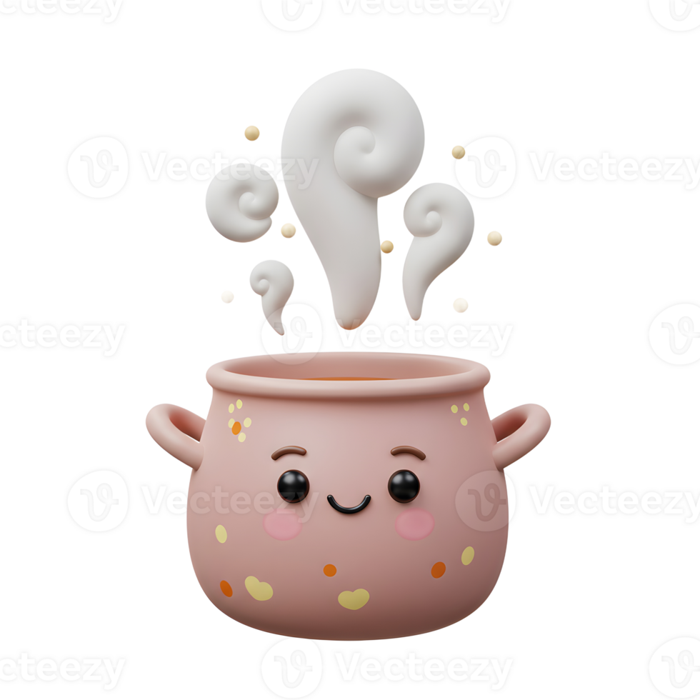 A cartoon pot with a smiling face emits steam, suggesting cooking or food preparation. png