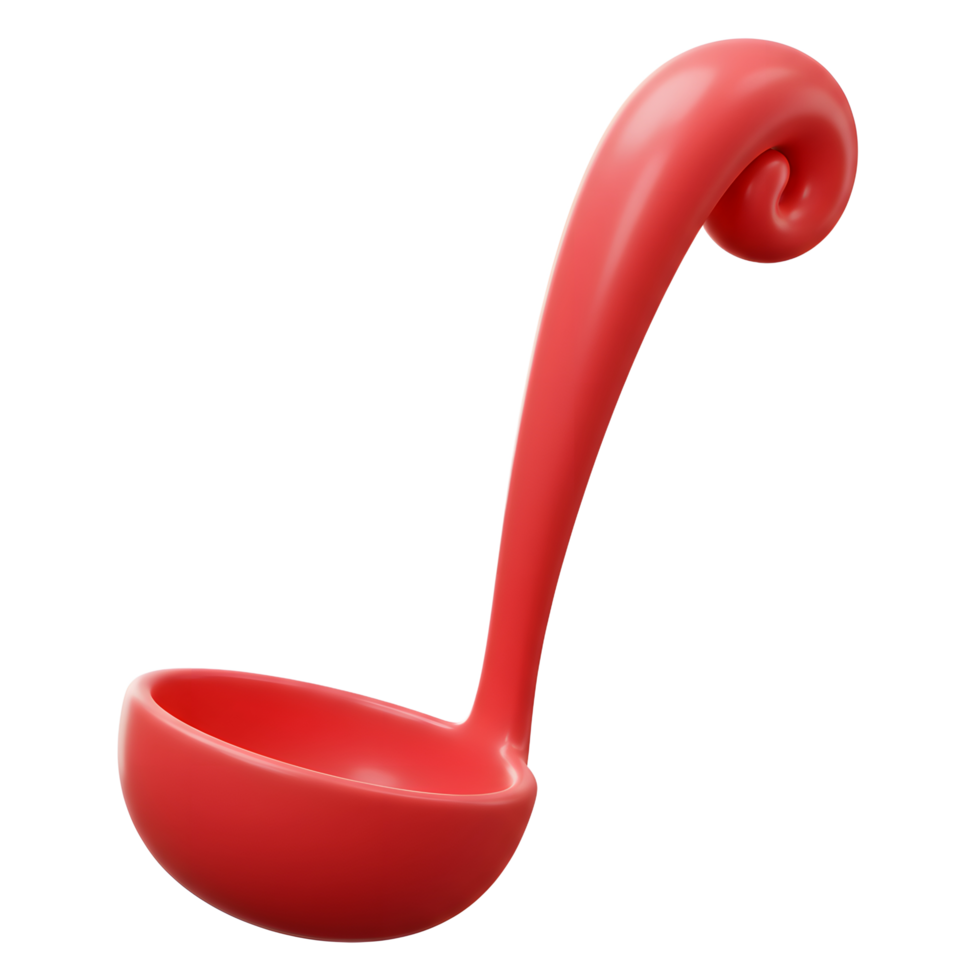 A shiny, red ladle with a curved handle is displayed against a white background, suggesting its use for serving liquids in cooking. png