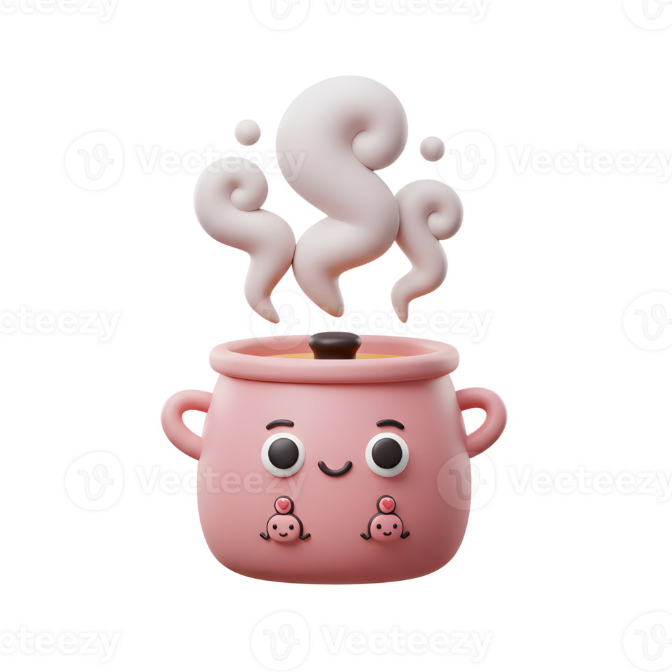 A cute cartoon pot with a smiling face and rising steam creates a whimsical and inviting image, suitable for illustrating cooking, food, or playful designs. png
