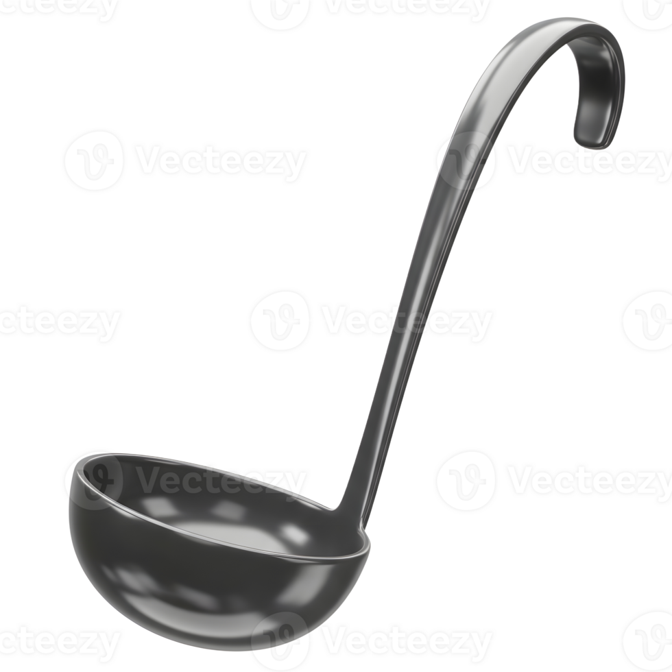 A shiny metal ladle is shown against a white backdrop, frequently employed for serving liquids. png