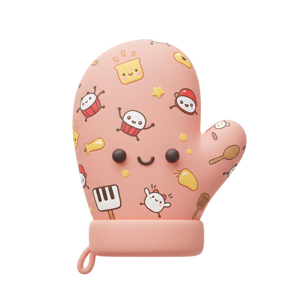 This cute pink oven mitt features a cheerful cartoon baking pattern, perfect for protecting hands while cooking. png