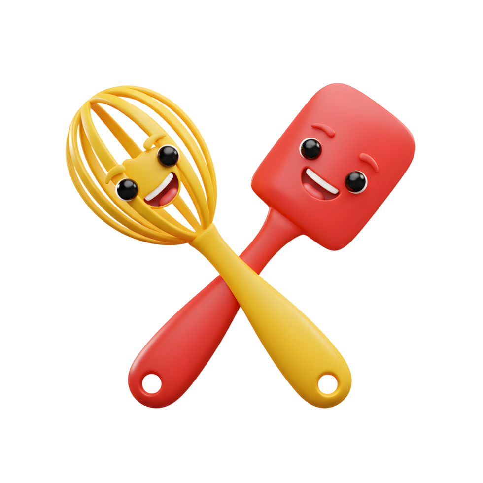 Crossed whisk and spatula are cartoonish kitchen utensils with smiling faces, designed for cooking and baking. png