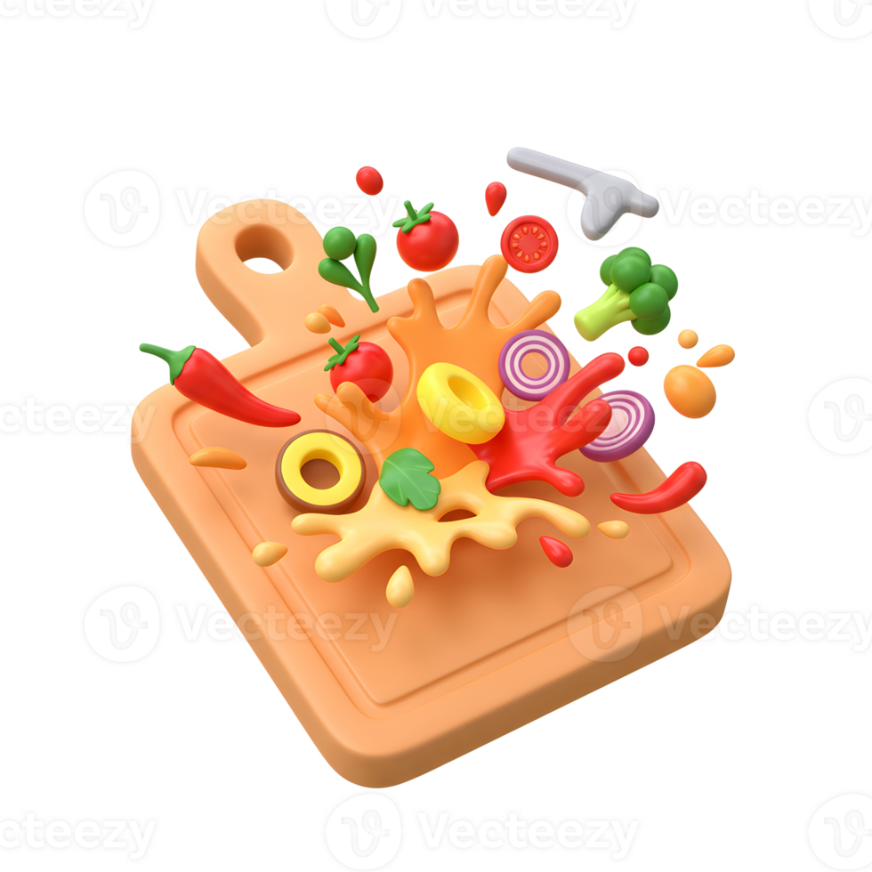 Colorful vegetables and ingredients appear to float above a cutting board, perfect for illustrating culinary preparation and healthy cooking. png