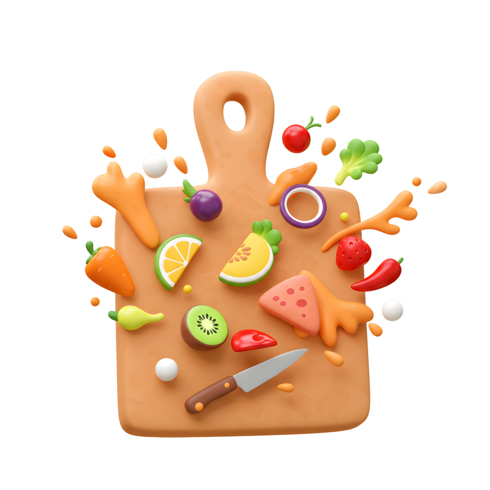 Cartoon fruits and vegetables arranged on a wooden cutting board for preparing healthy meals. png