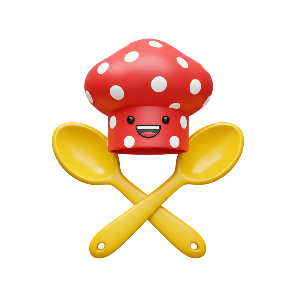 A red mushroom with white spots is smiling while balancing on crossed yellow spoons, ideal for culinary-themed designs. png