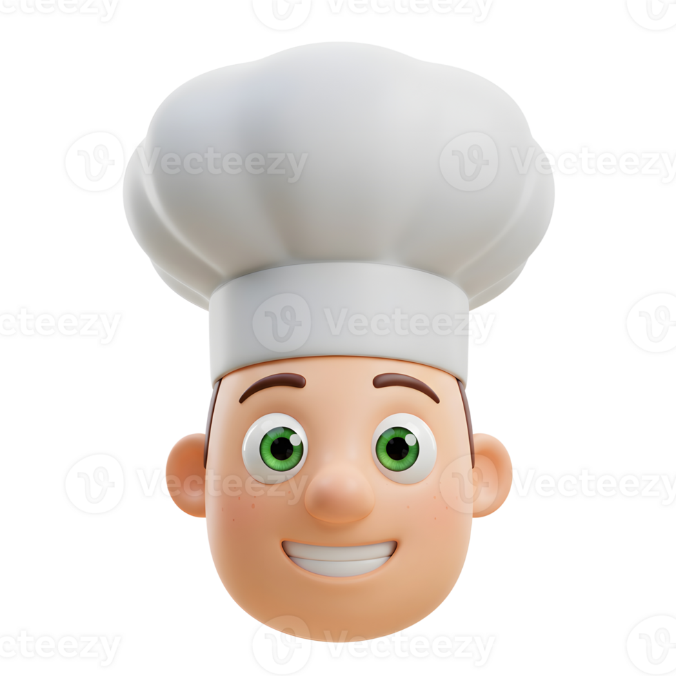 This image shows a cartoon chef's head with a white hat and a friendly smile, perfect for depicting culinary themes. png