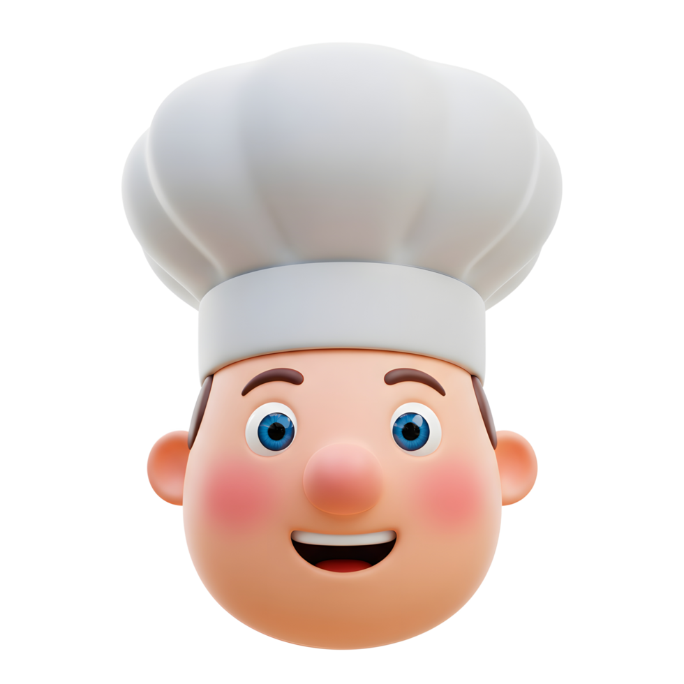 A cheerful cartoon chef head with a white hat is smiling, which can be used in culinary themes. png