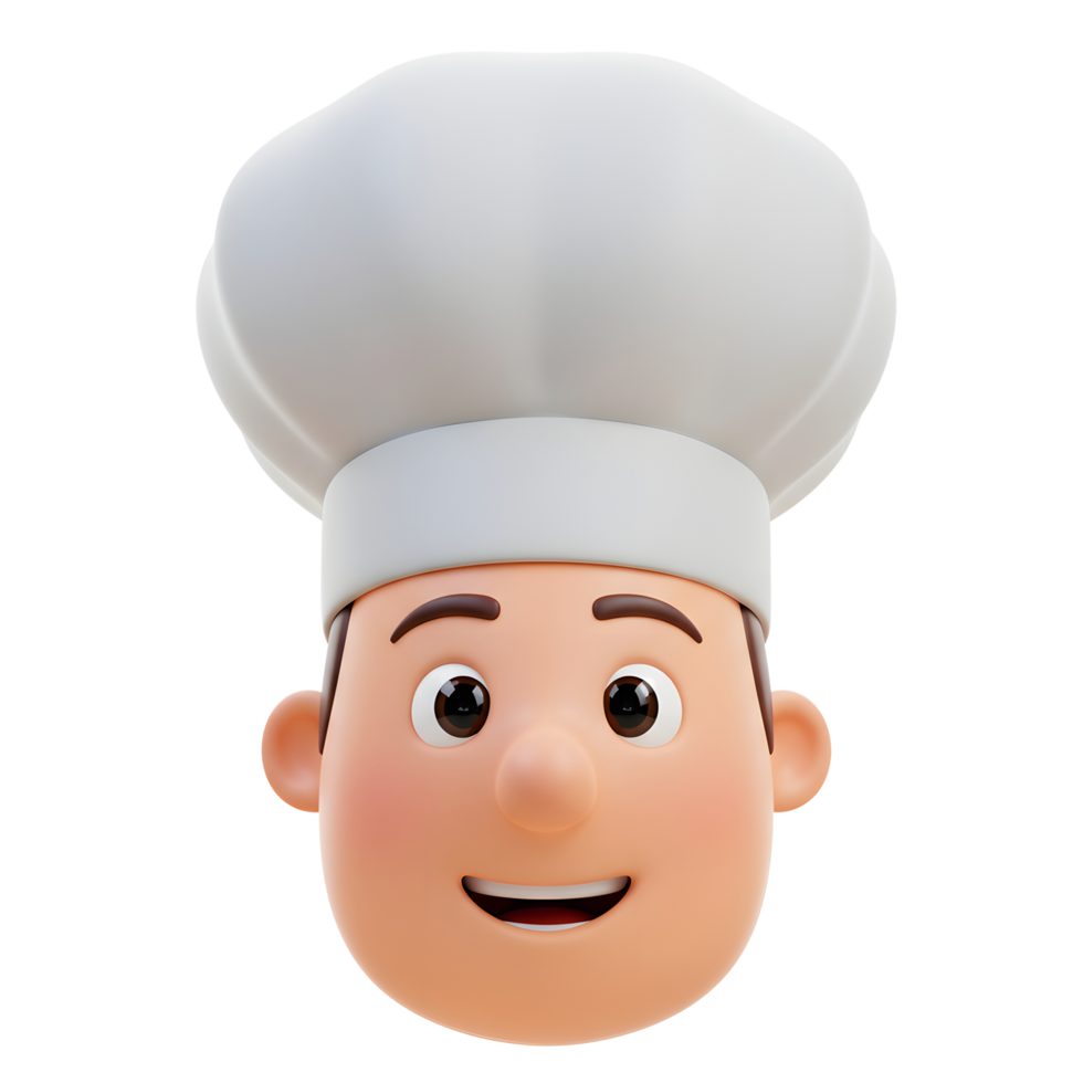 Smiling cartoon chef head wearing a white toque makes a fun and appealing image for cooking or food related content. png