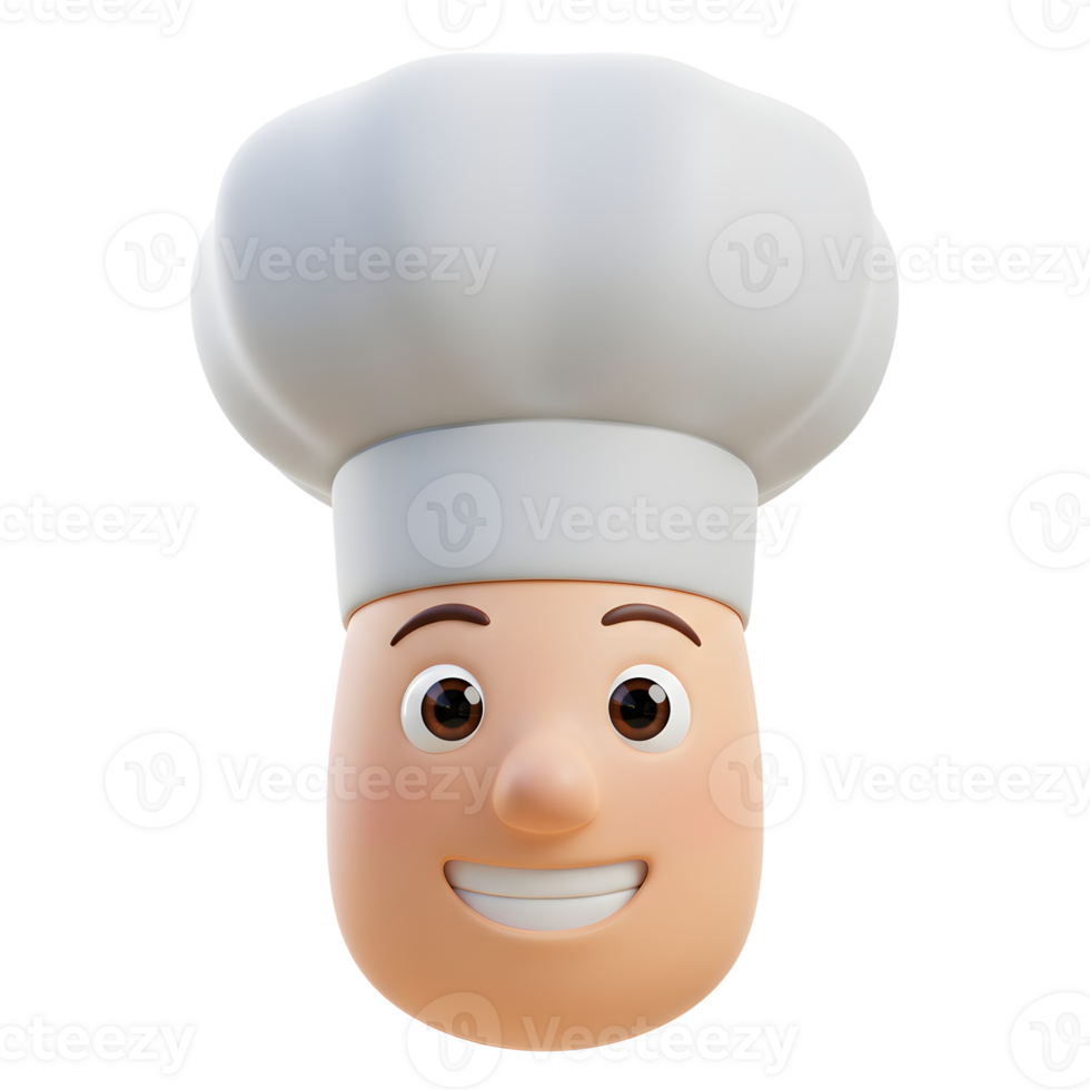This is a 3D render of a cartoon cook's face smiling, wearing a traditional toque hat, ideal for cooking illustrations. png