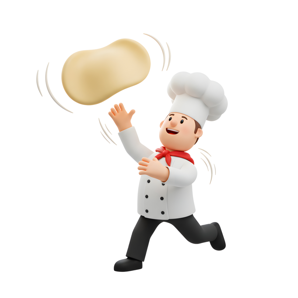 A smiling cartoon chef tosses dough into the air while running, likely preparing pizza or other baked goods. png