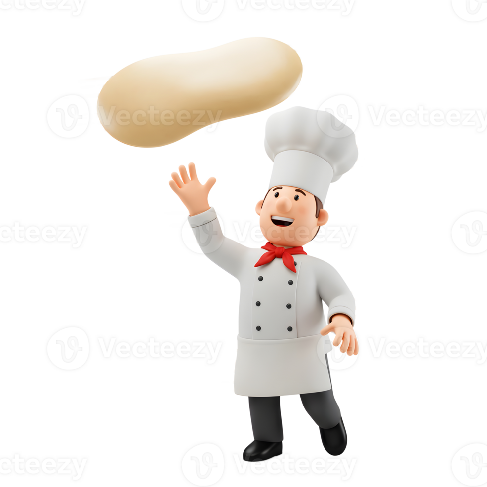 A 3D cartoon chef tosses pizza dough, showing a joyful mood suitable for use in culinary-themed designs or advertisements. png