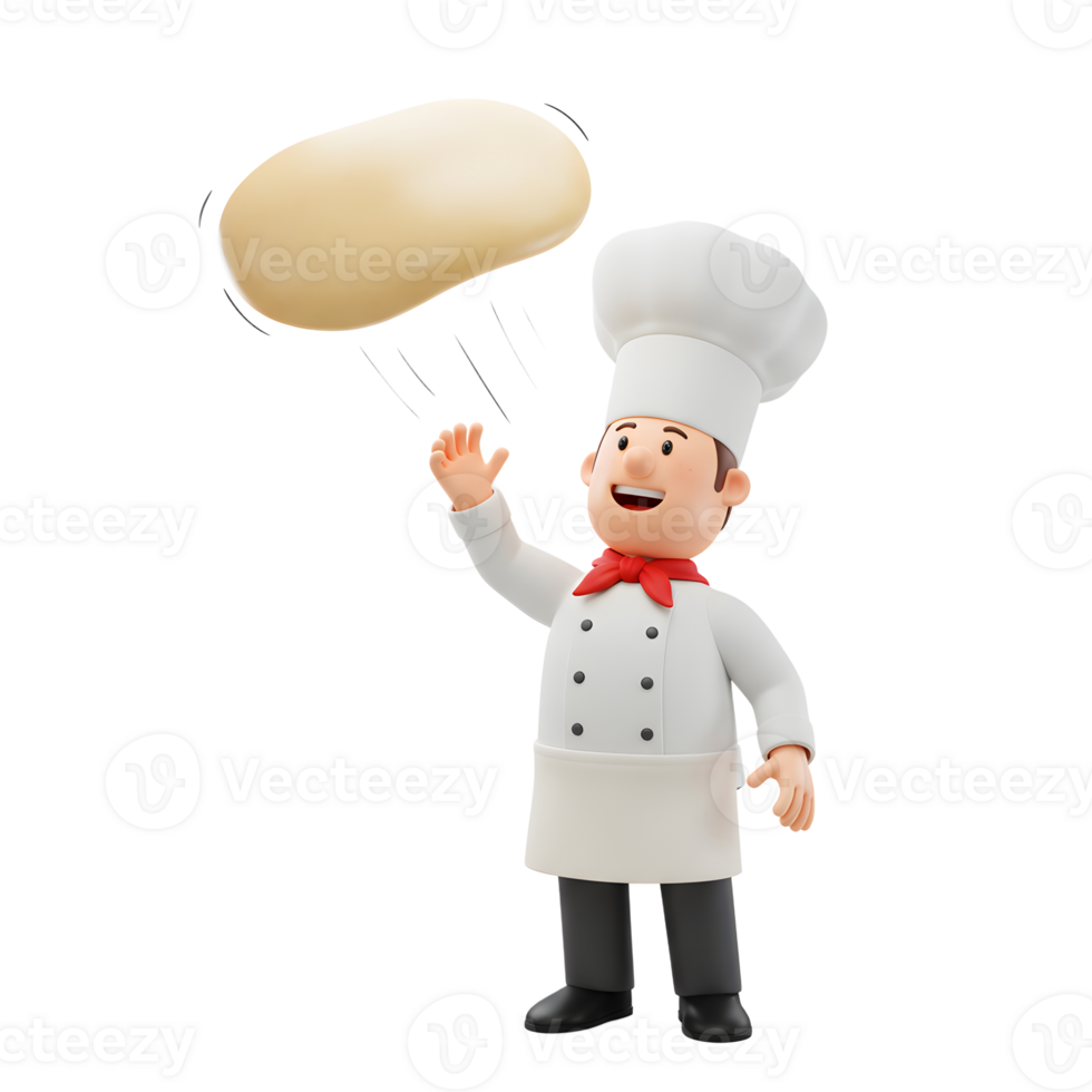 A cartoon chef in uniform happily tosses pizza dough into the air, illustrating the art of food preparation. png