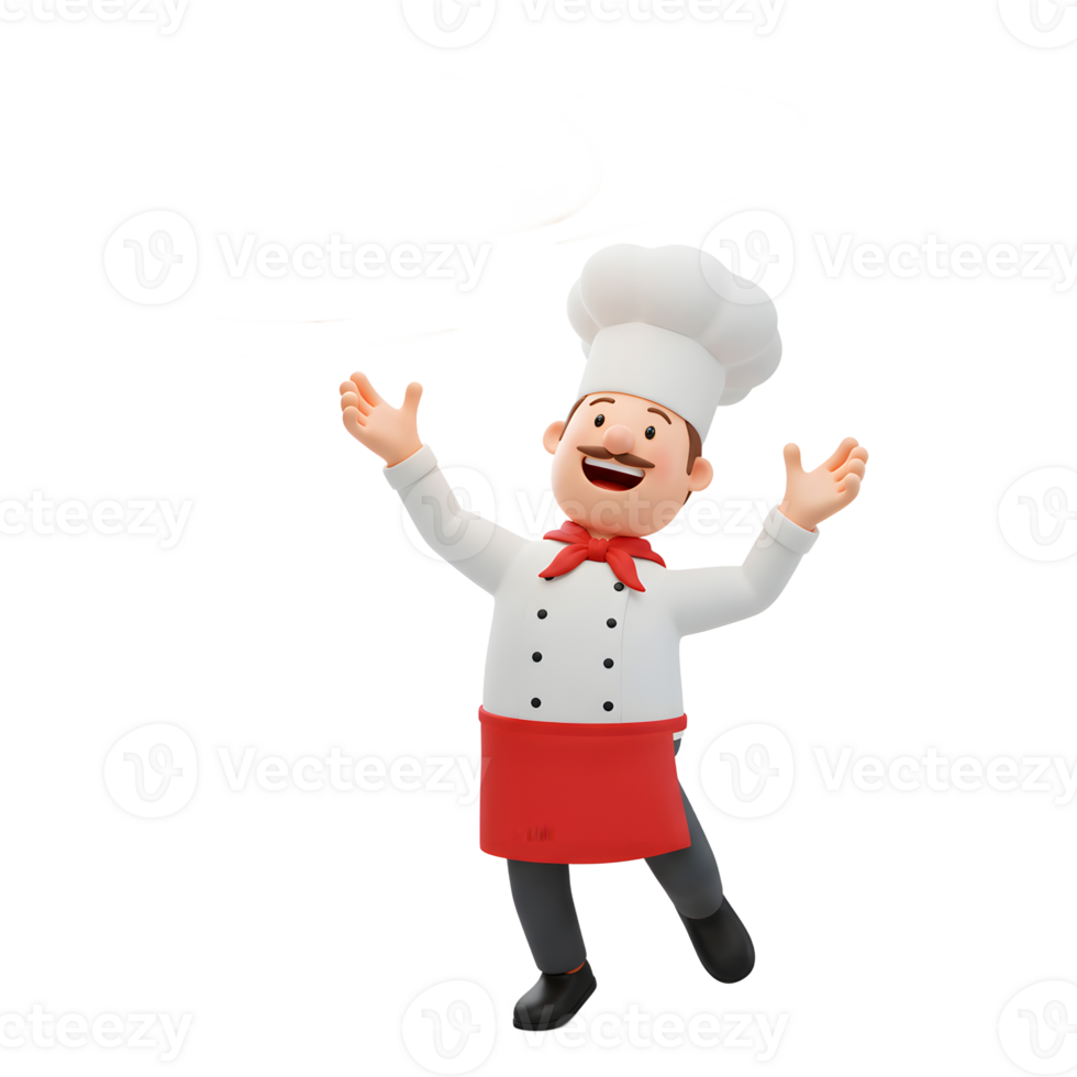 Cartoon chef wearing a white uniform and red apron is tossing pizza dough in the air, which can be used to illustrate food-related content. png