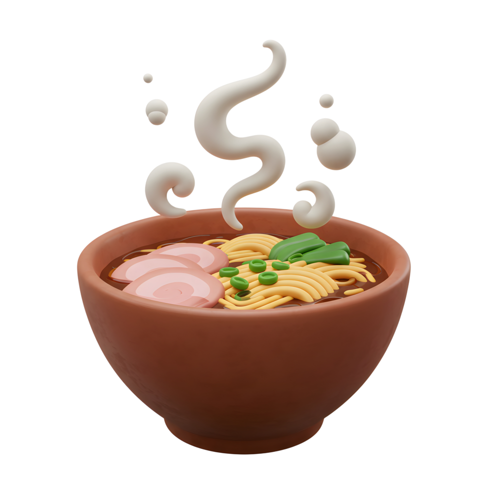 A stylized 3D render of ramen in a brown bowl with steam, sliced pork, green onion, and noodles, is presented for culinary and artistic usage. png