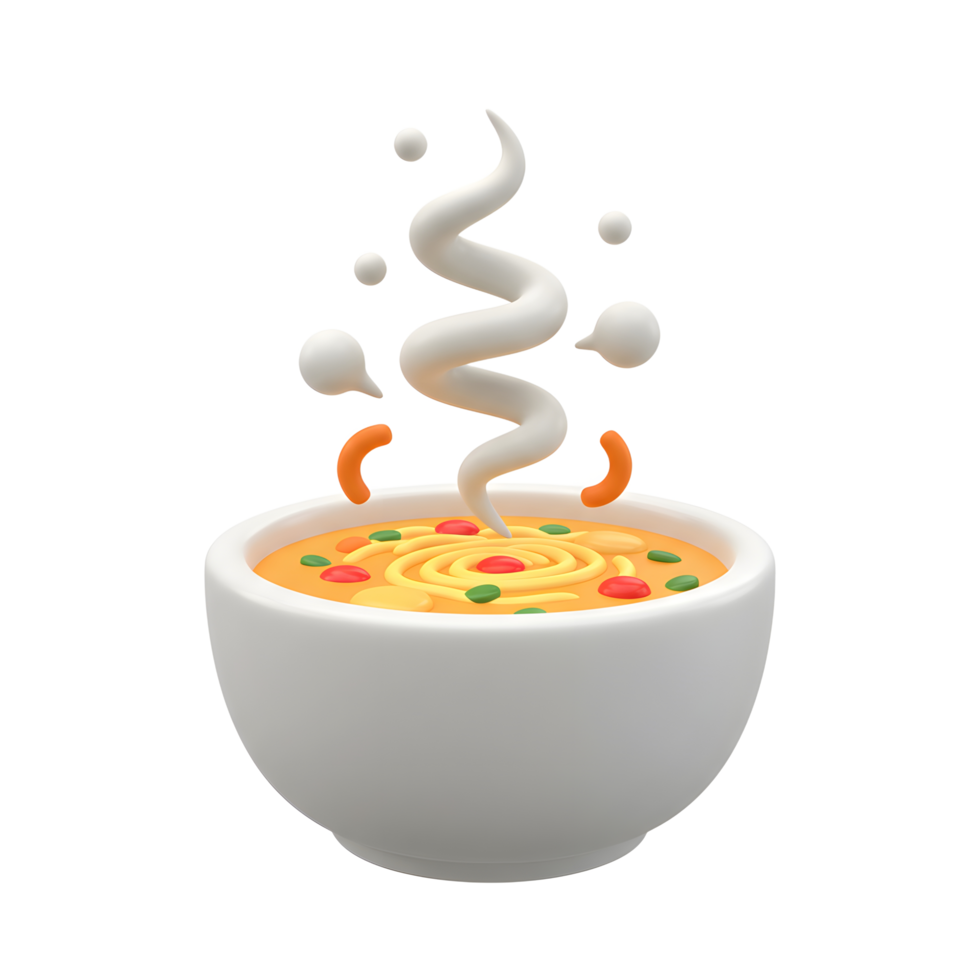 Illustration of a bowl of soup with noodles, vegetables, and steam rising, perfect for illustrating food. png