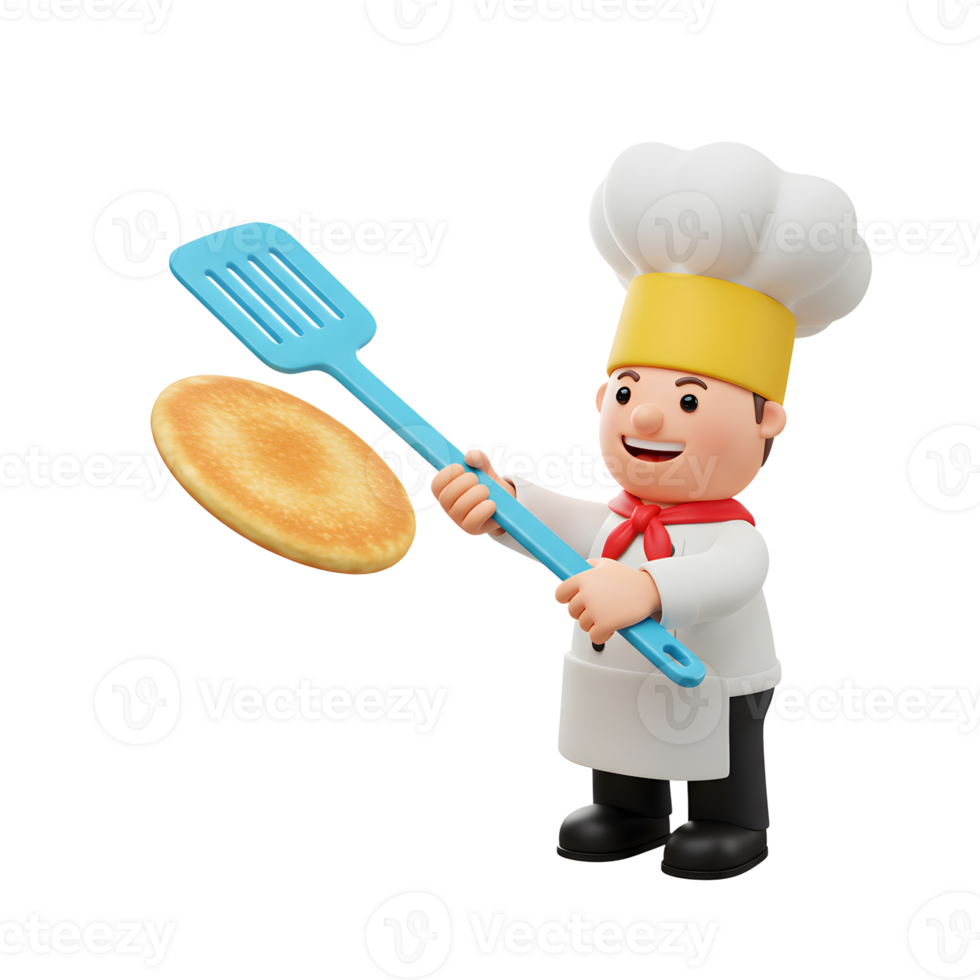 A happy cartoon chef flips a pancake with a blue spatula, showcasing a fun food preparation scene that can be used for cooking-related content. png