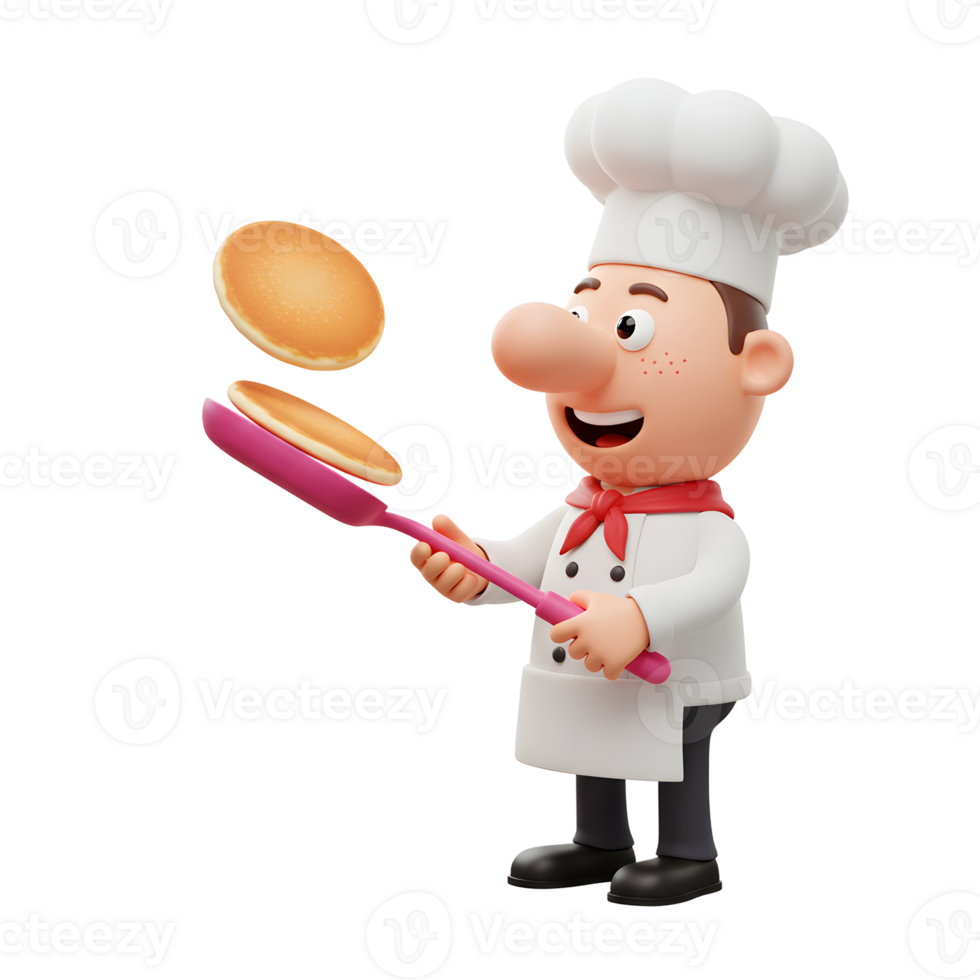 A cheerful cartoon chef in uniform flips pancakes with a pink spatula, showcasing a fun culinary scene ideal for food-related content. png
