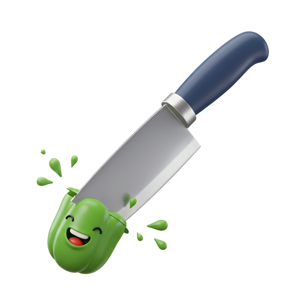 A green pepper with a happy face is being cut by a knife, creating small splashes, and it could be used for cooking illustrations. png