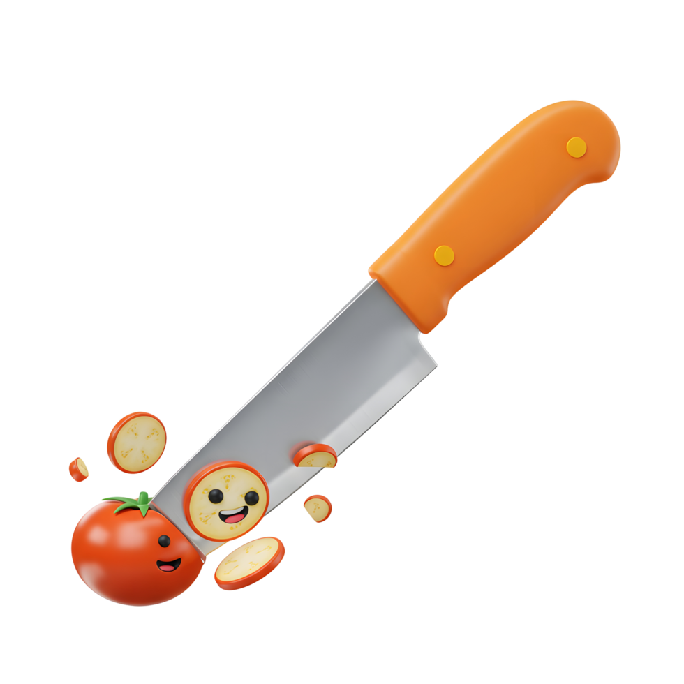 A cartoon tomato is being sliced by a knife, creating round slice pieces, perfect for culinary themed projects. png