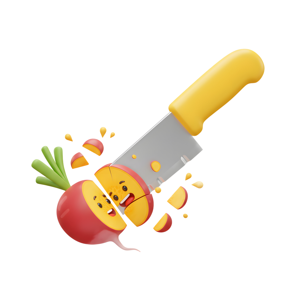 A cartoon radish is being cut into slices by a knife, resulting in flying radish pieces, perfect for illustrating healthy eating. png
