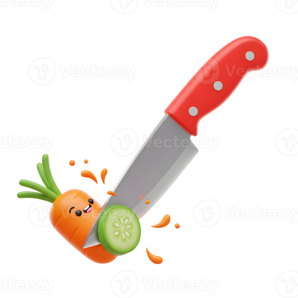 A cartoon carrot is cut with a red-handled knife while a slice of cucumber is being cut, used for recipe content. png