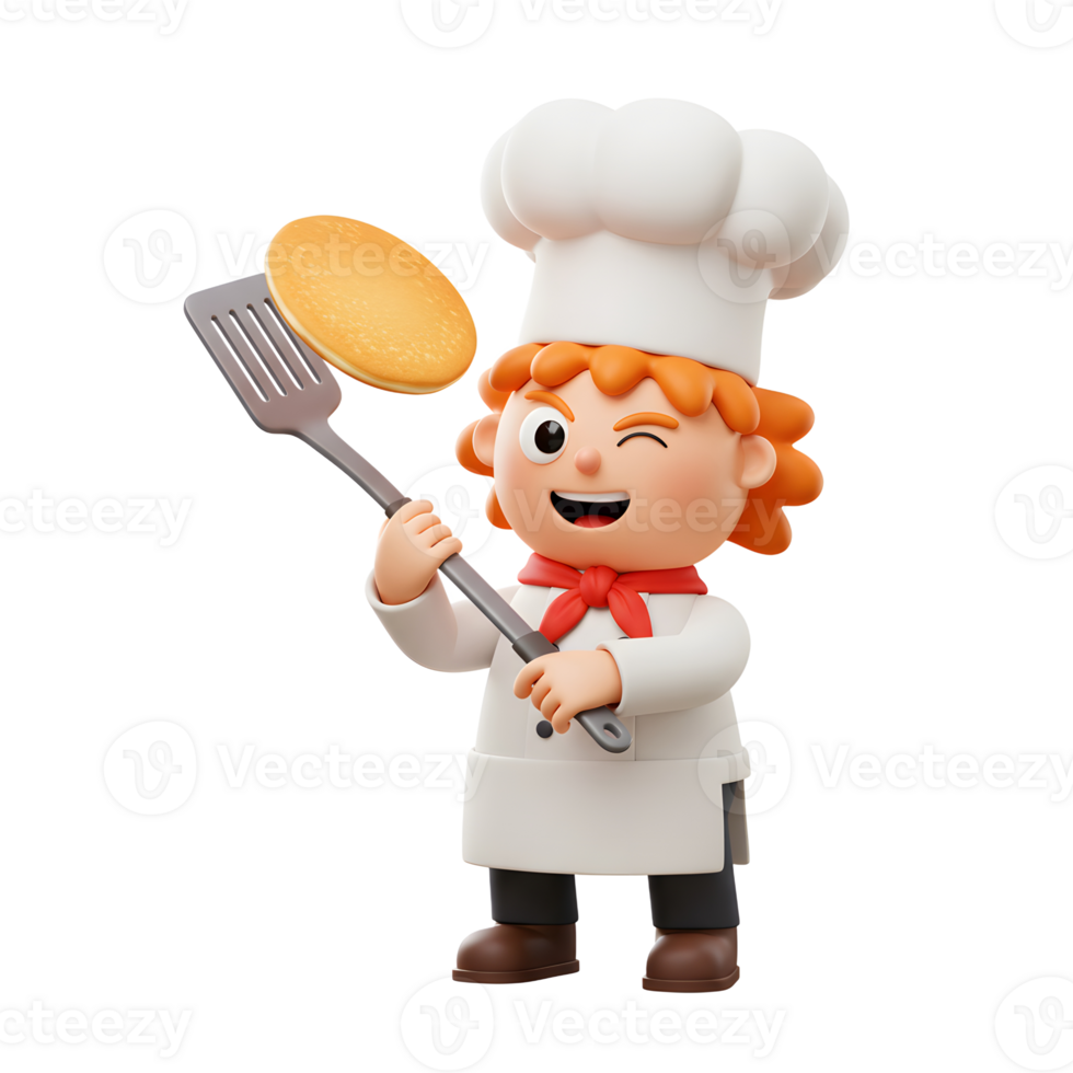 A cartoon chef winks while flipping a pancake with a spatula, ideal for illustrating cooking or baking concepts. png