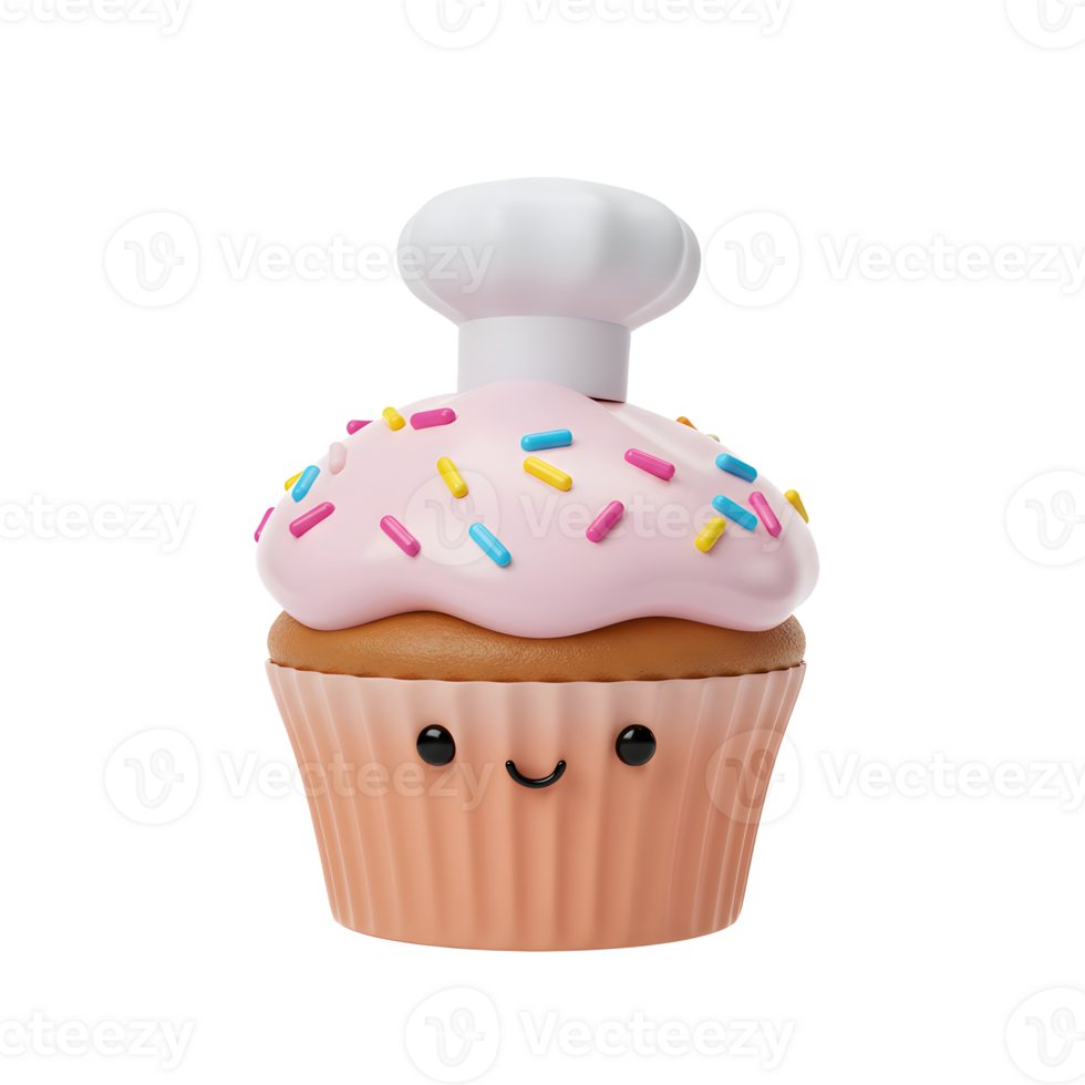 A cheerful cupcake wearing a chef's hat is topped with pink icing and sprinkles, perfect for celebrating birthdays. png