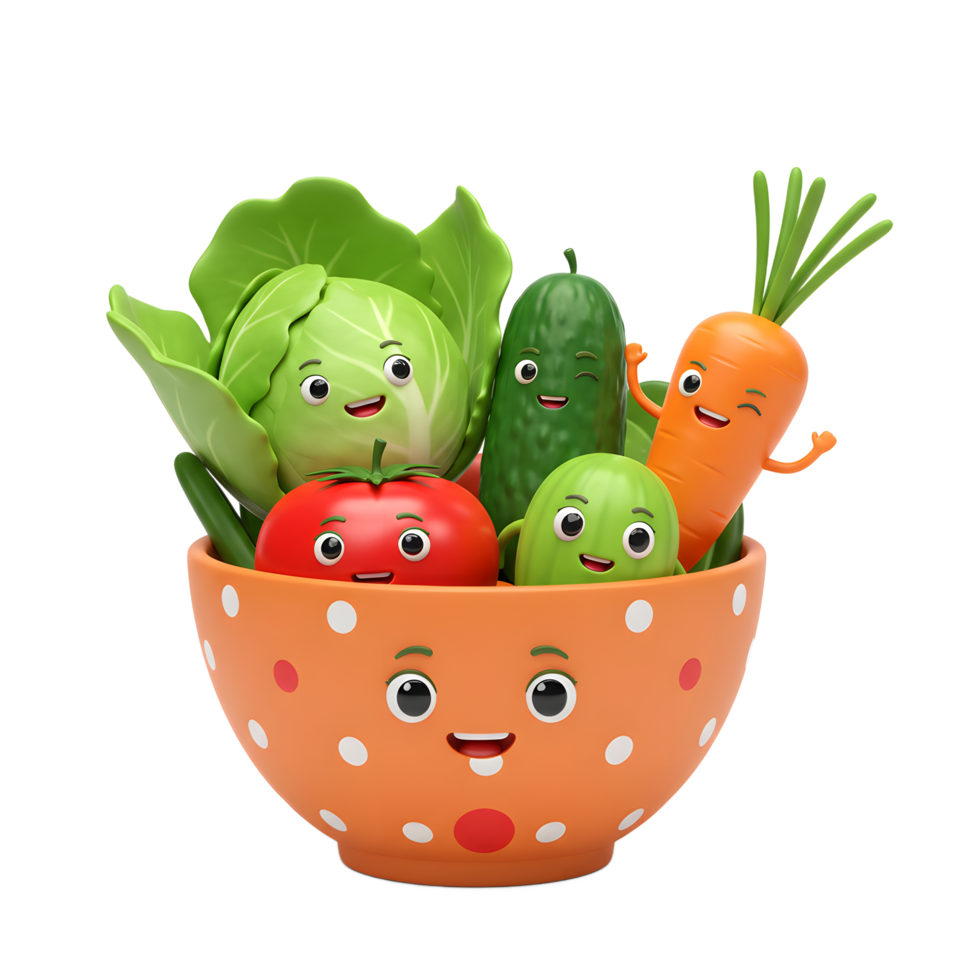 Cartoon vegetables with smiling faces are arranged in an orange polka dot bowl for a fun and healthy depiction. png