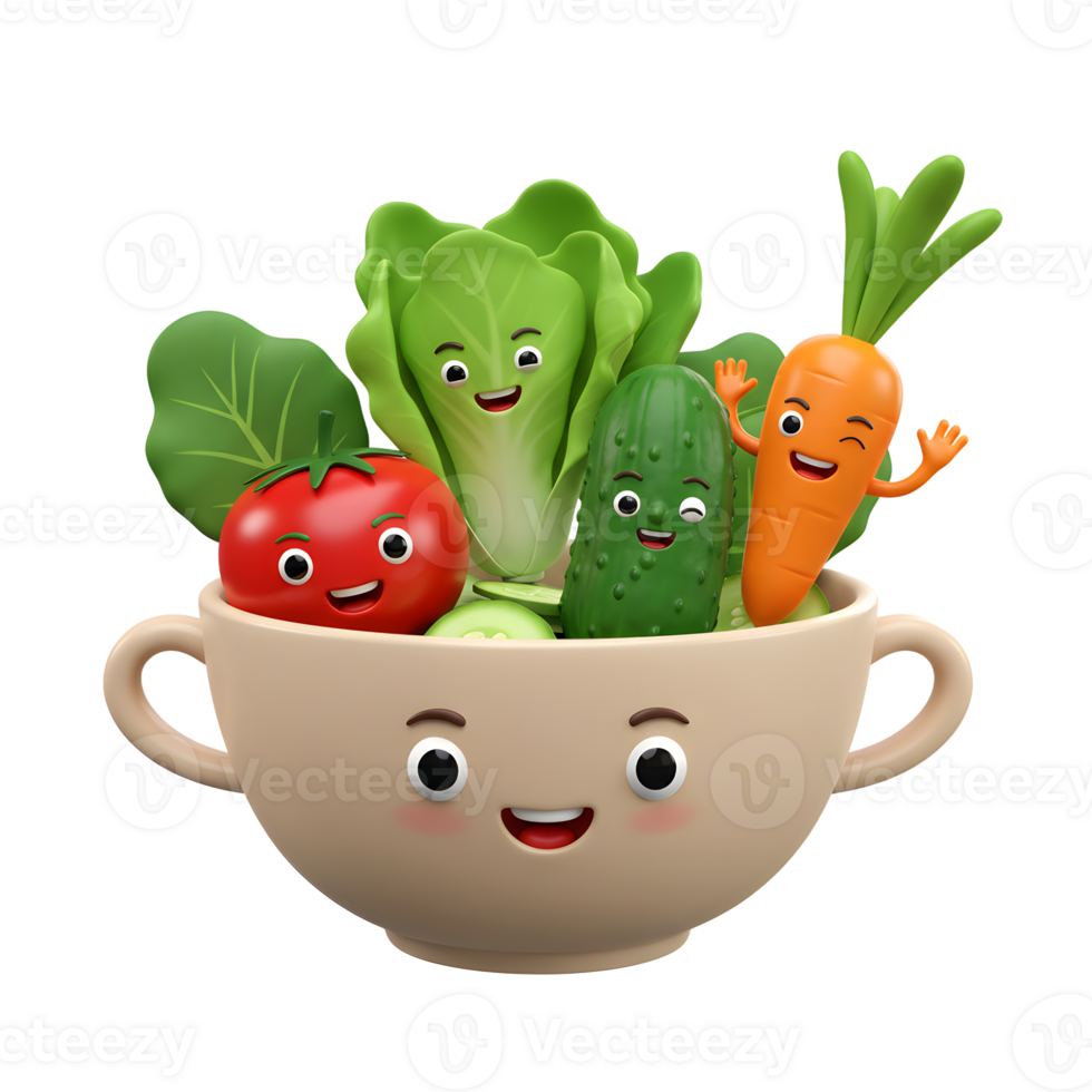 A cute cartoon cup filled with smiling vegetables makes for a cheerful and healthy food presentation. png