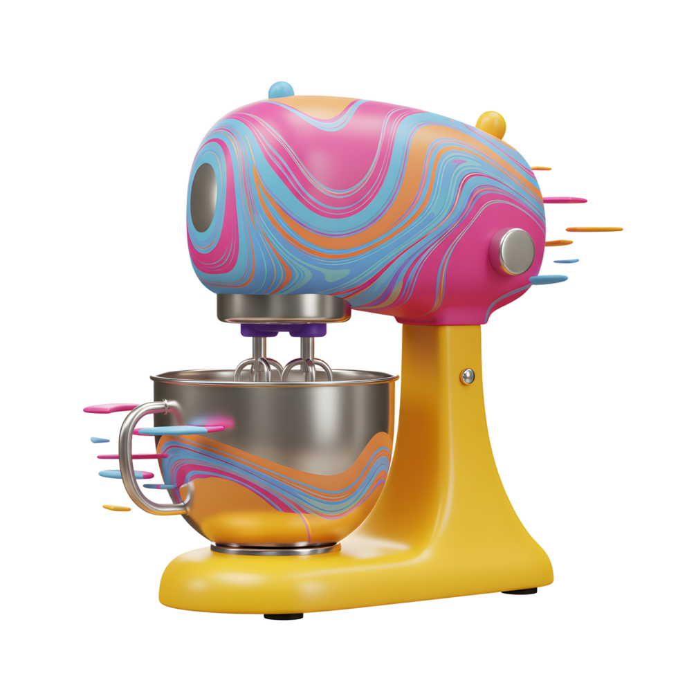 A vibrant stand mixer with a swirling pattern and stainless steel bowl is shown for culinary creations. png