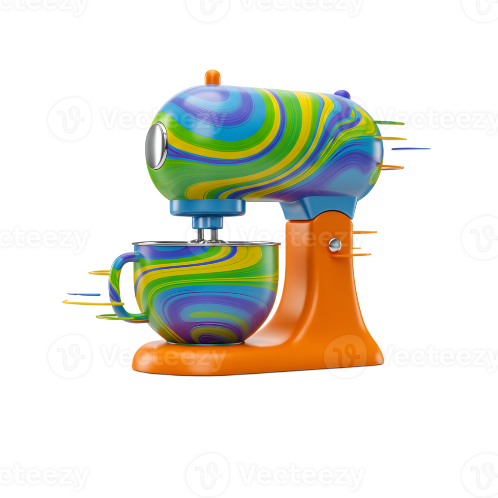 A stand mixer features an abstract swirl pattern in vibrant colors against a white background, ideal for showcasing modern kitchen aesthetics. png