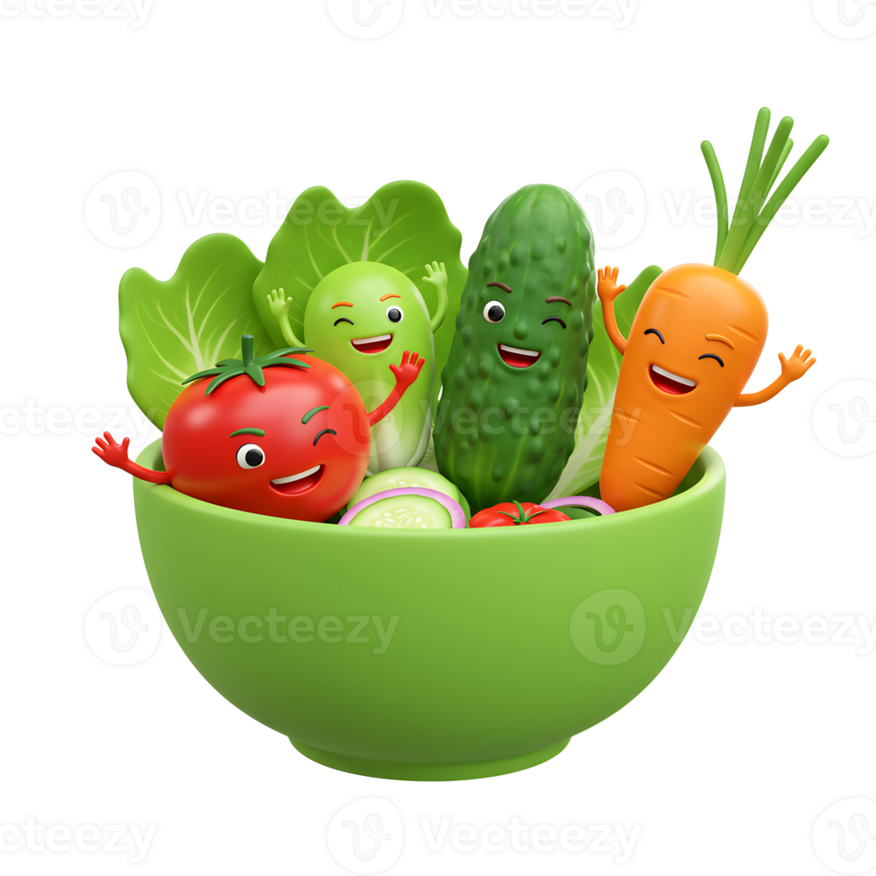 Cartoon vegetables with happy faces wave from inside a salad bowl, suggesting a fun and healthy way to enjoy eating vegetables. png