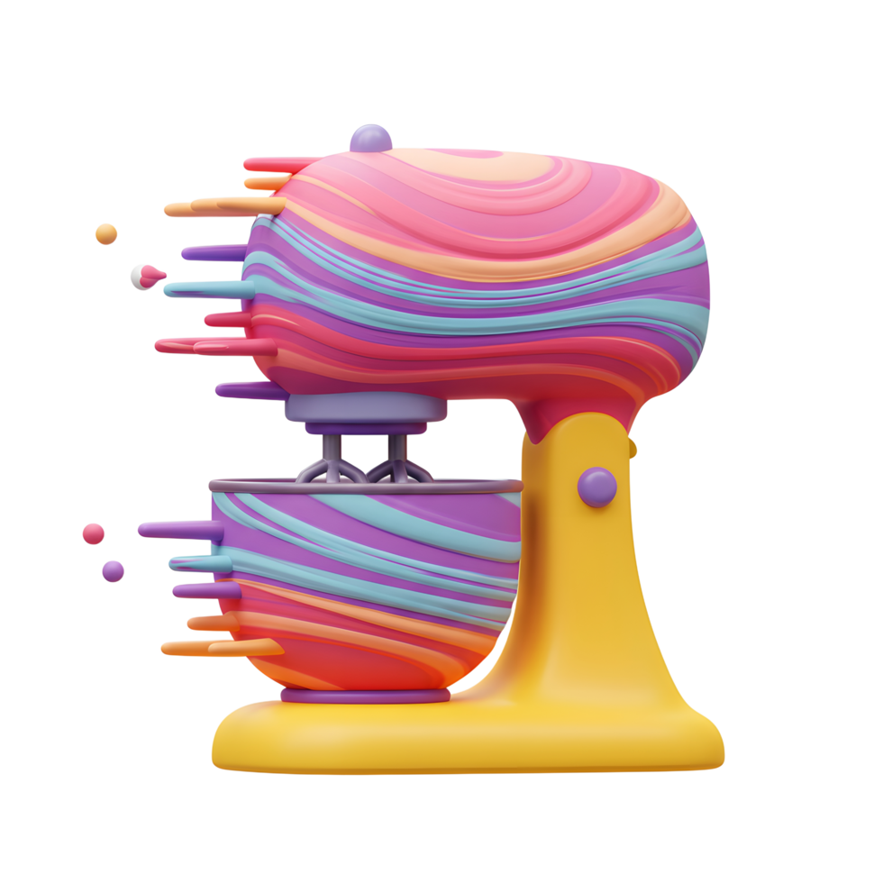 A brightly colored kitchen mixer with swirling patterns is depicted in this illustration, suitable for baking or food preparation designs. png