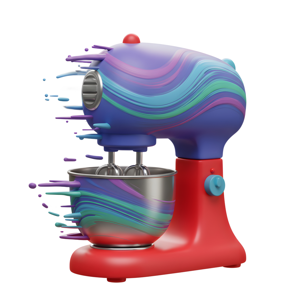 A stand mixer with colorful splashes of paint appears to be in motion, suggesting its purpose is for mixing ingredients. png