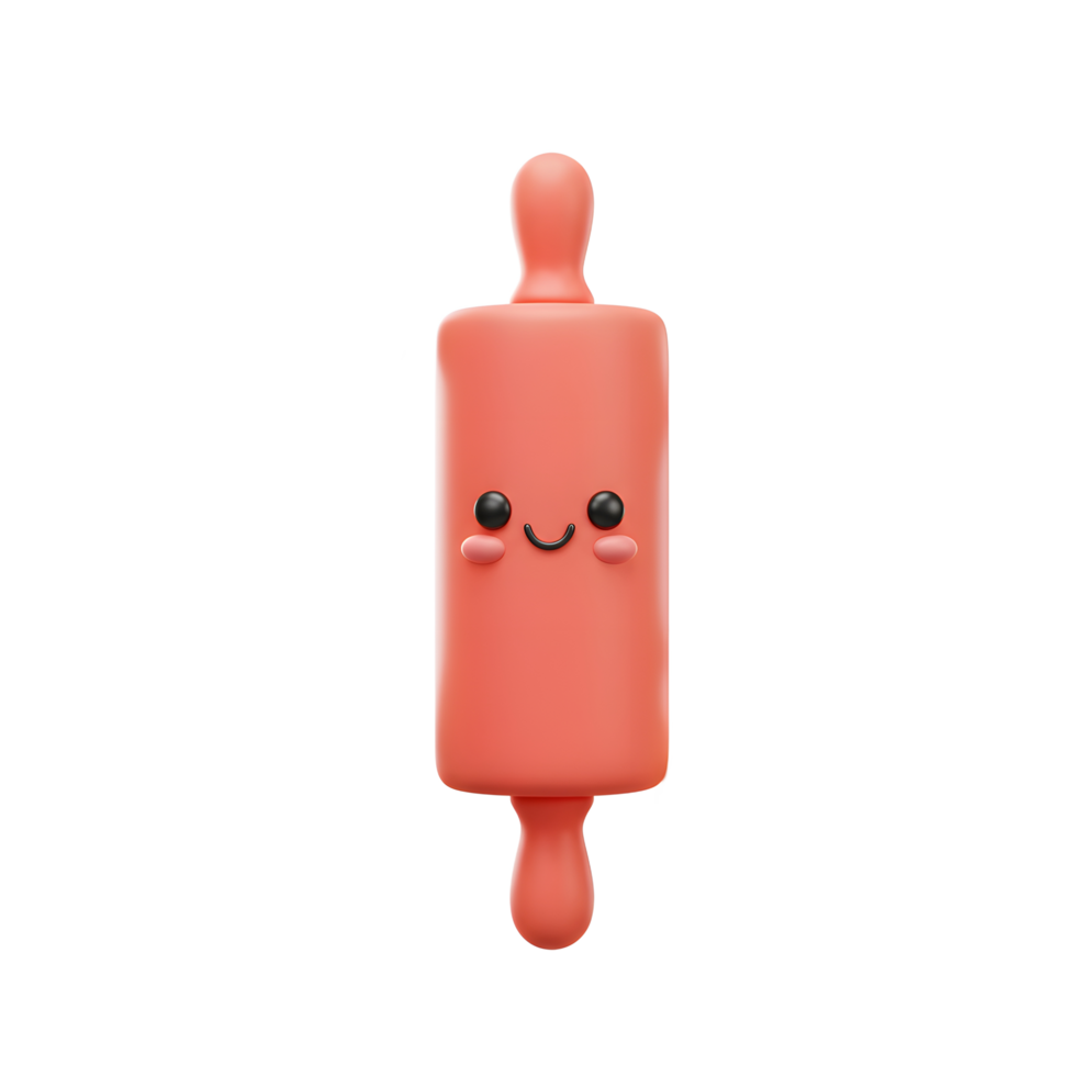 A cute rolling pin with a face is surrounded by pieces of dough also with faces, making it suitable for baking related content. png