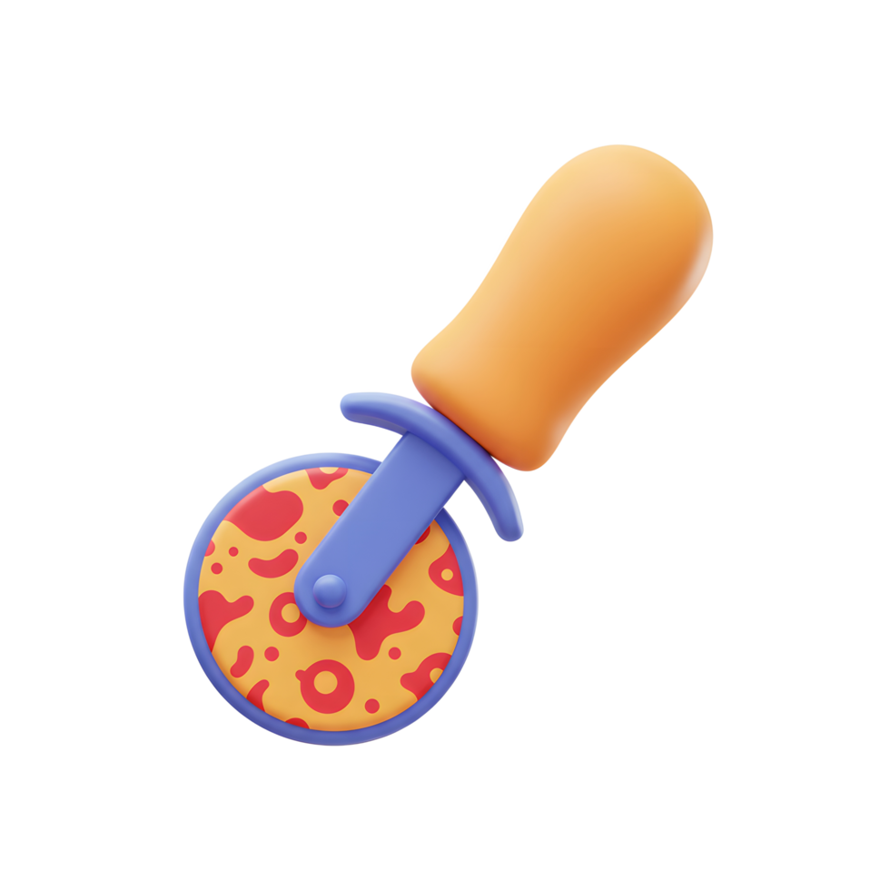 An illustration of a pizza cutter features an orange handle and colorful pattern on a rotating blade, perfect for slicing pizza. png