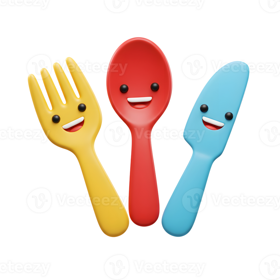 A yellow fork, red spoon, and blue knife with happy cartoon faces are displayed together in a cheerful image for kids mealtime. png