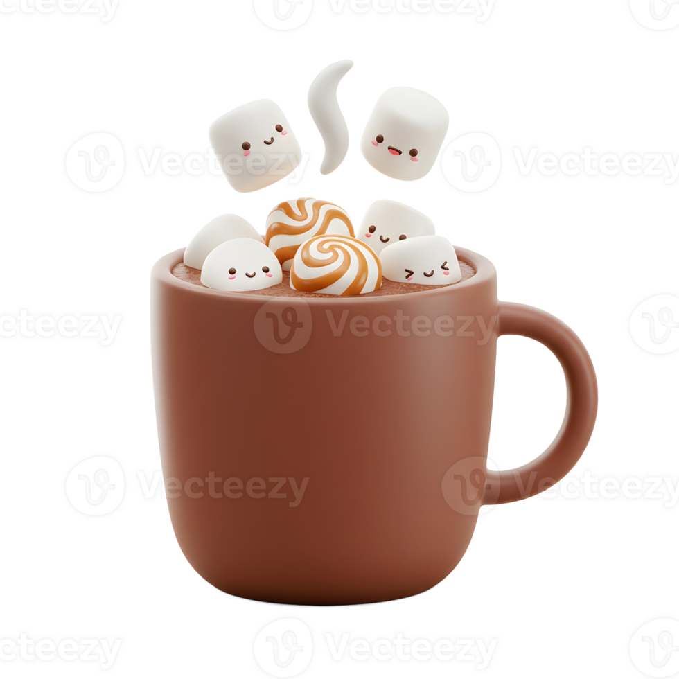 A cup is filled with hot chocolate, marshmallows, and caramel candies, making it a cozy and sweet beverage to enjoy. png