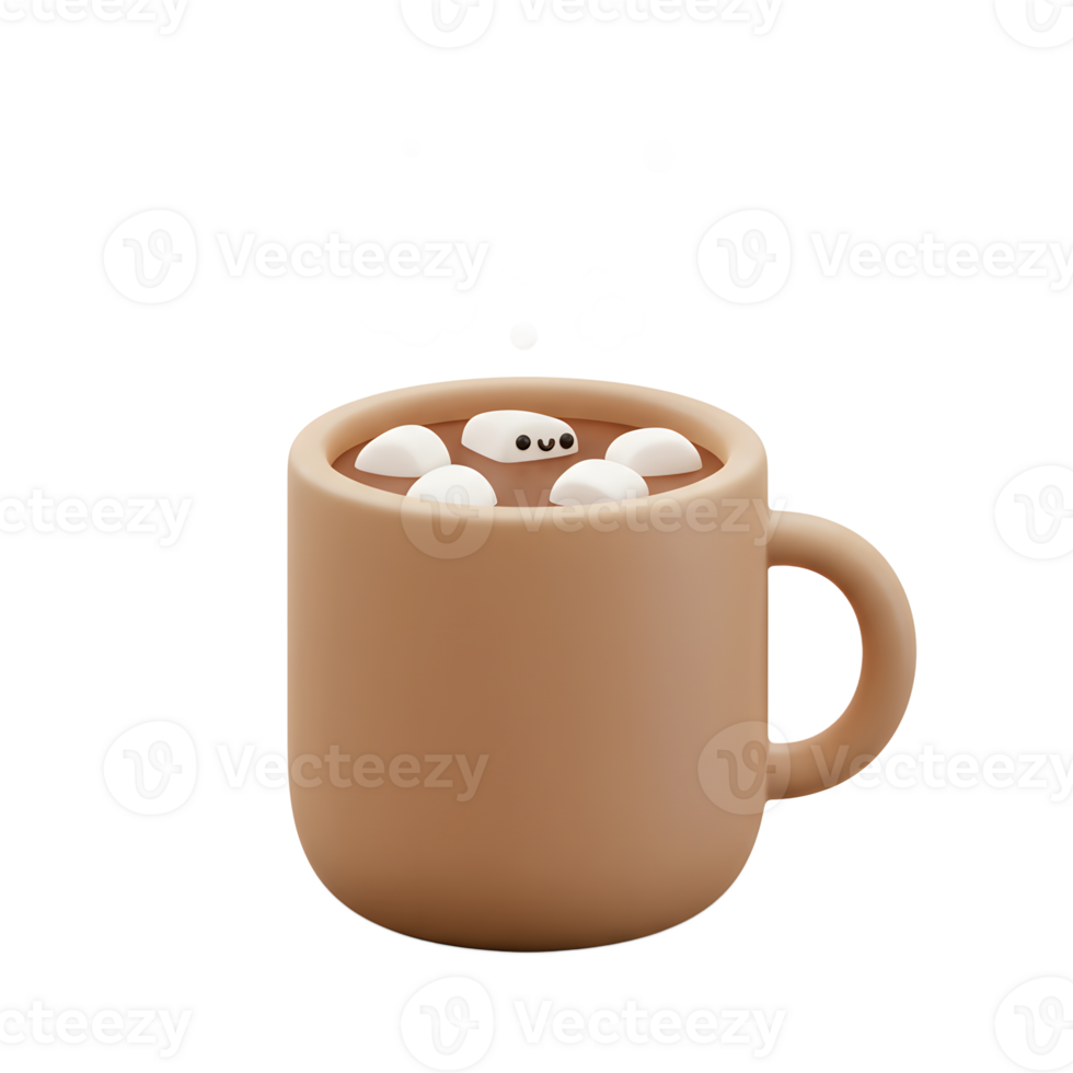 A cartoon hot chocolate mug with marshmallows, one of which is a cute character, emits steam, perfect for a cozy moment. png