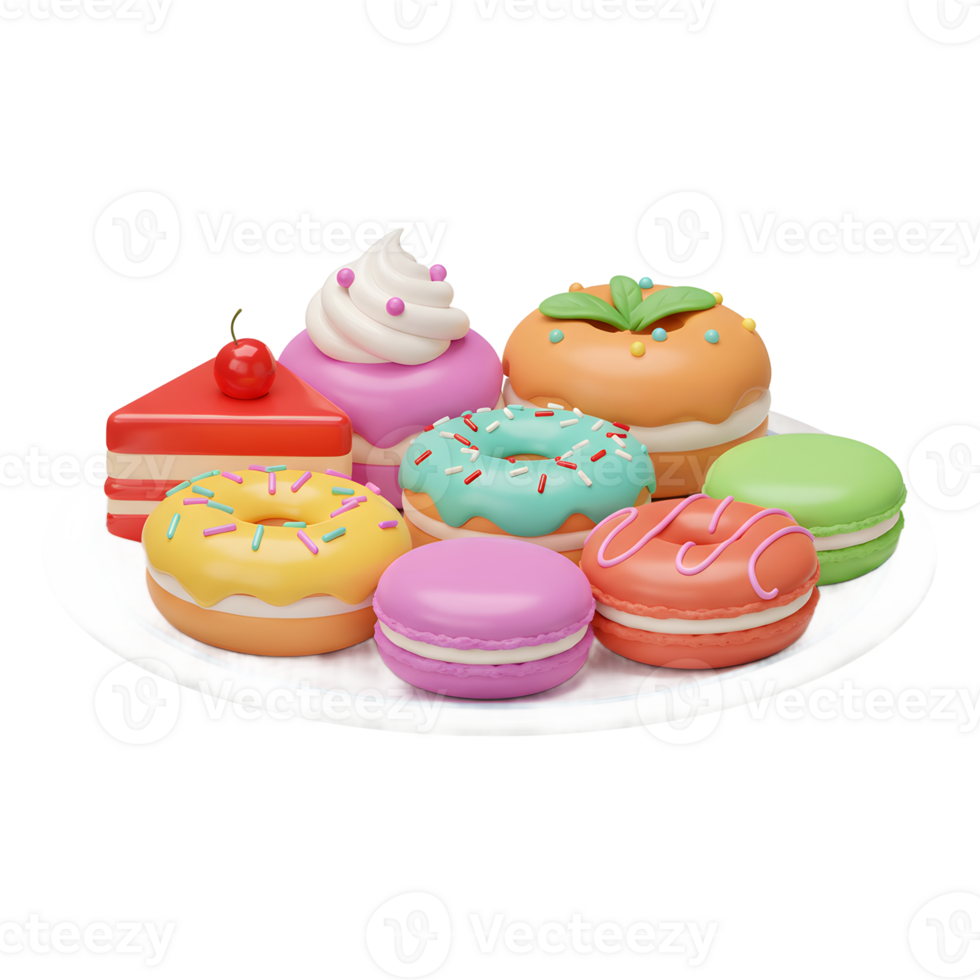 A plate is full of various colorful desserts like cake, donut, and macaron, making it suitable for celebrating special occasions. png