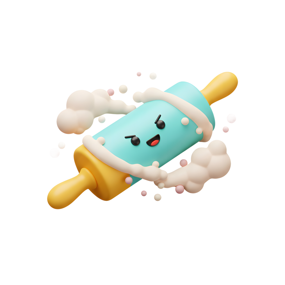 A cute blue and yellow cartoon rolling pin with a mischievous face is surrounded by dough and colorful sprinkles, perfect for adding a playful touch to baking-themed designs. png