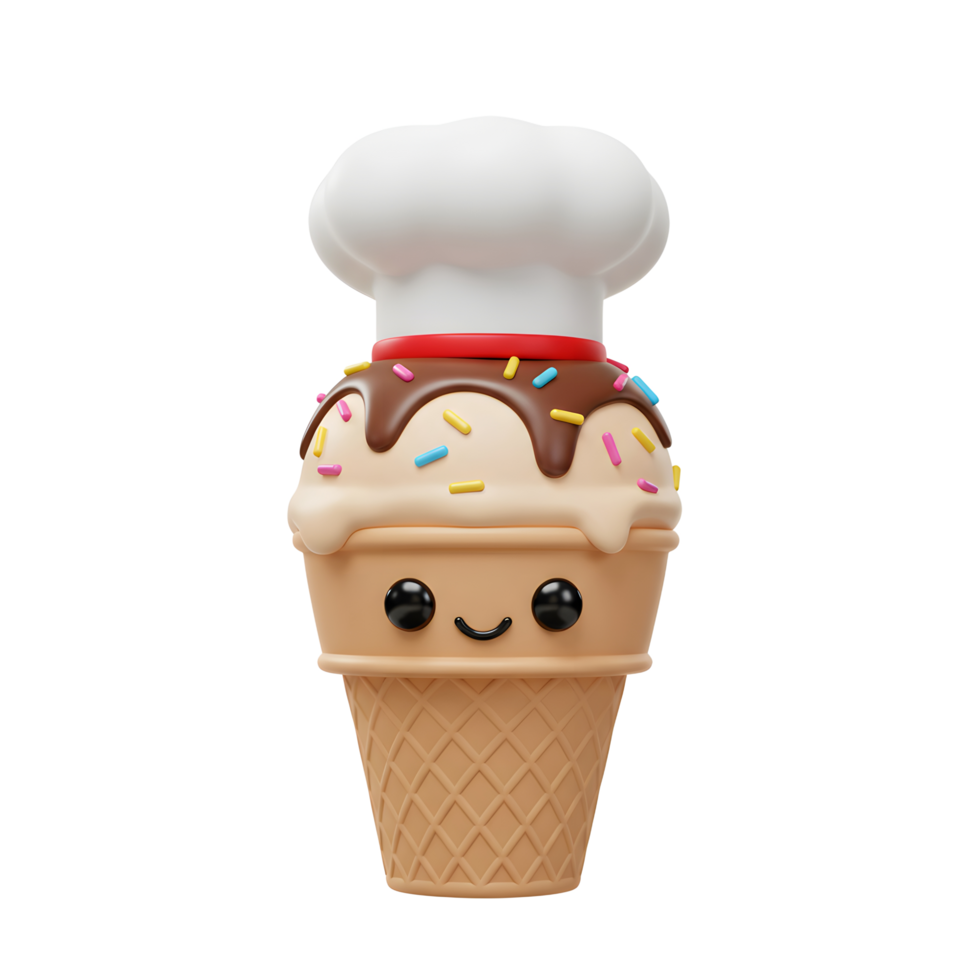 A cartoon ice cream cone wearing a chef's hat smiles cheerfully, making it suitable for use in children's content or dessert-themed designs. png