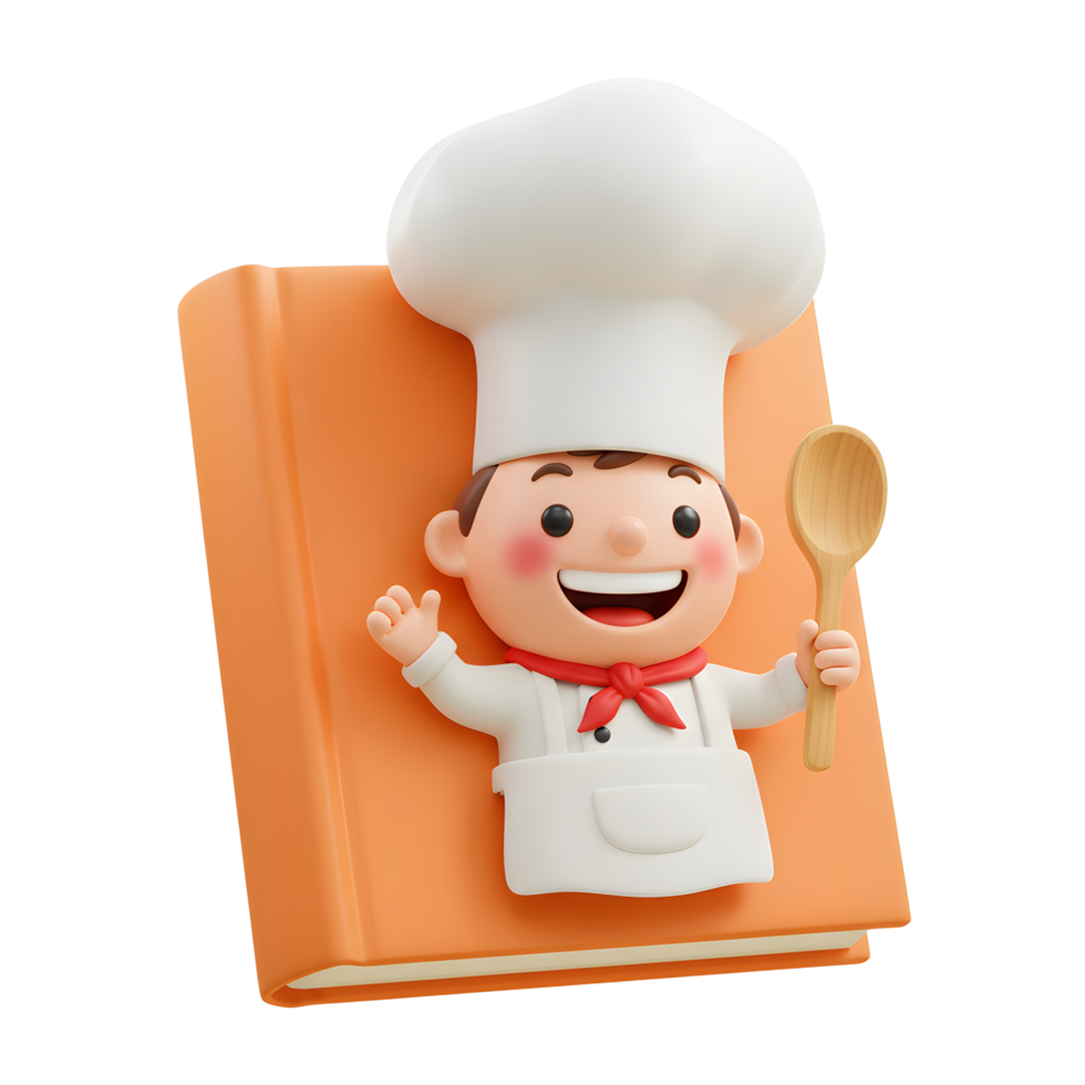 A cartoon chef in uniform smiles while holding a wooden spoon and peeking over an orange cookbook, illustrating culinary arts and recipe guidance. png