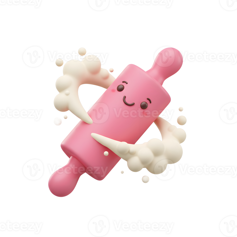 A cute pink rolling pin with a happy face stands amidst swirling dough, perfect for adding a touch of whimsy to baking-related content. png