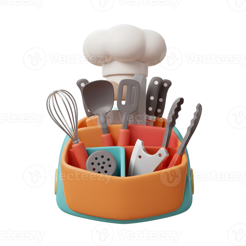 A set of kitchen utensils including a spatula, knife, tongs, whisk, and chef hat are displayed in a holder for food preparation. png