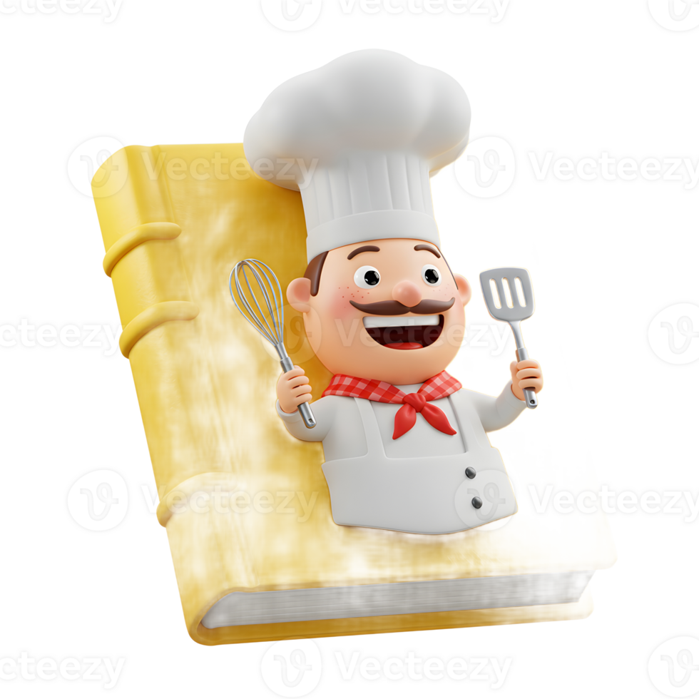 A cheerful cartoon chef holding a spatula and whisk appears out of a yellow cookbook, perfect for illustrating recipes or cooking instructions. png