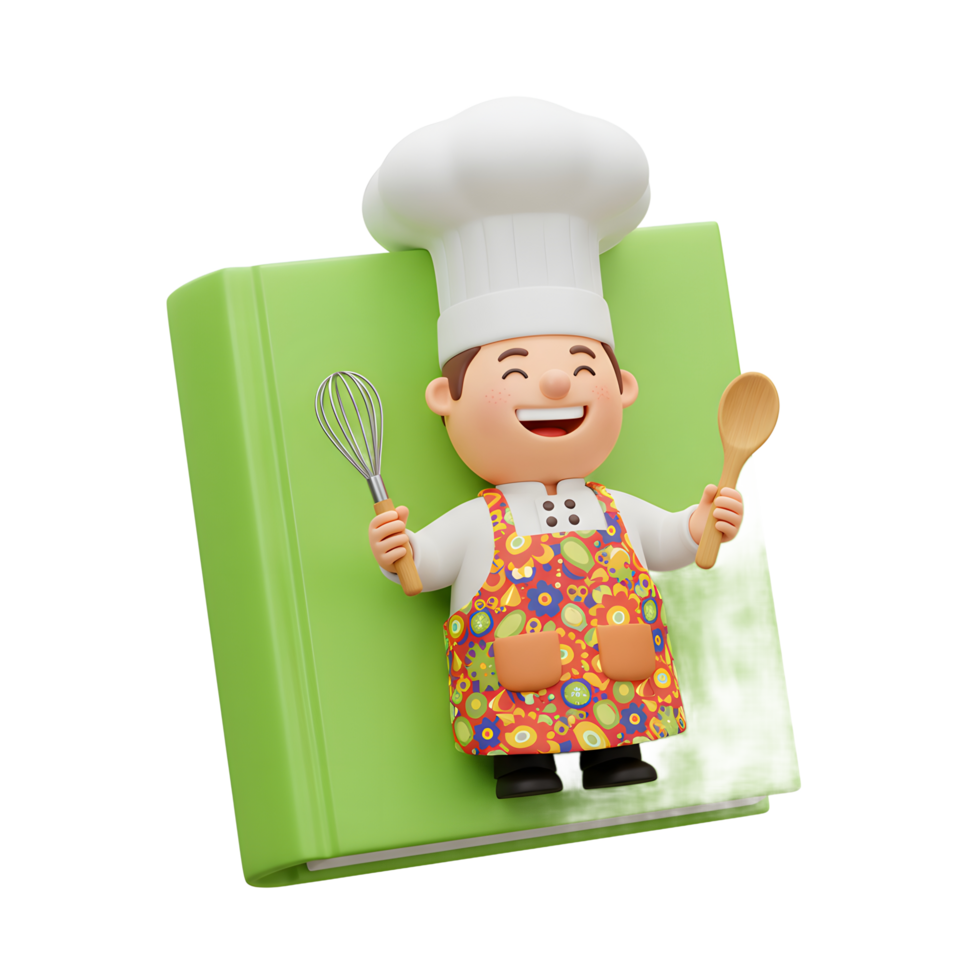 A cartoon chef wearing a chef hat and floral apron smiles while holding a whisk and wooden spoon over a green book, perfect for cooking illustrations. png