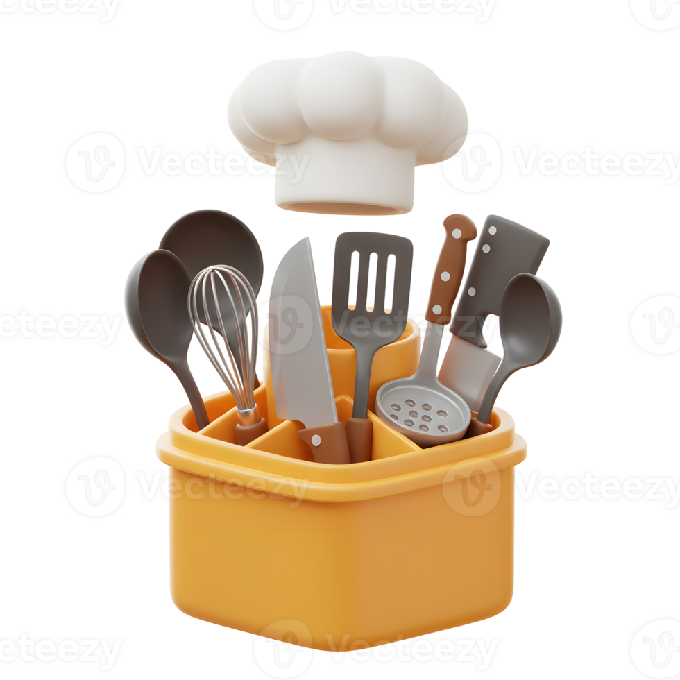 A 3D render of a collection of kitchen utensils in a yellow holder with a chef's hat floating above, perfect for showcasing cooking or culinary themes. png